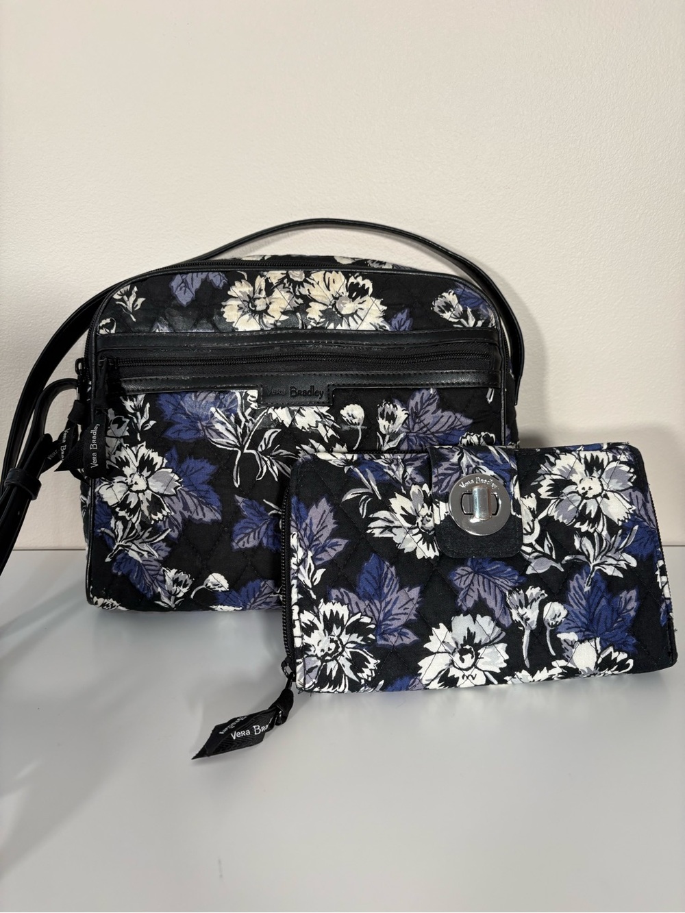 Vera Bradley Black, Blue & White Floral Shoulder Bag with Matching Wallet